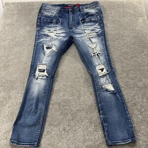 Makobi Biker Jeans 40x32 Blue Distressed Ripped Denim Stitch Stretch Slim Fit